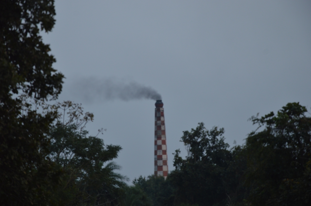 SMOKE EMITS  AT THE TIME OF  BRICK BURNING, Brick, chimney, smoke, sky, nature scenery, Trees, Green, 