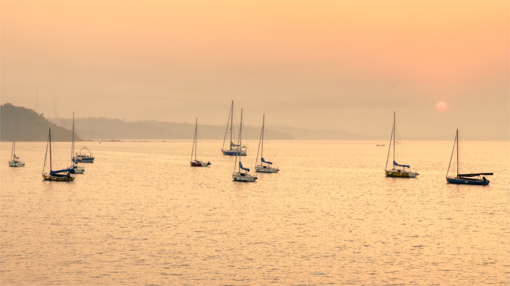 Boats in the ocean, landscape, seascape, boats, ocean, sea, Sunrise, water, mountains, 