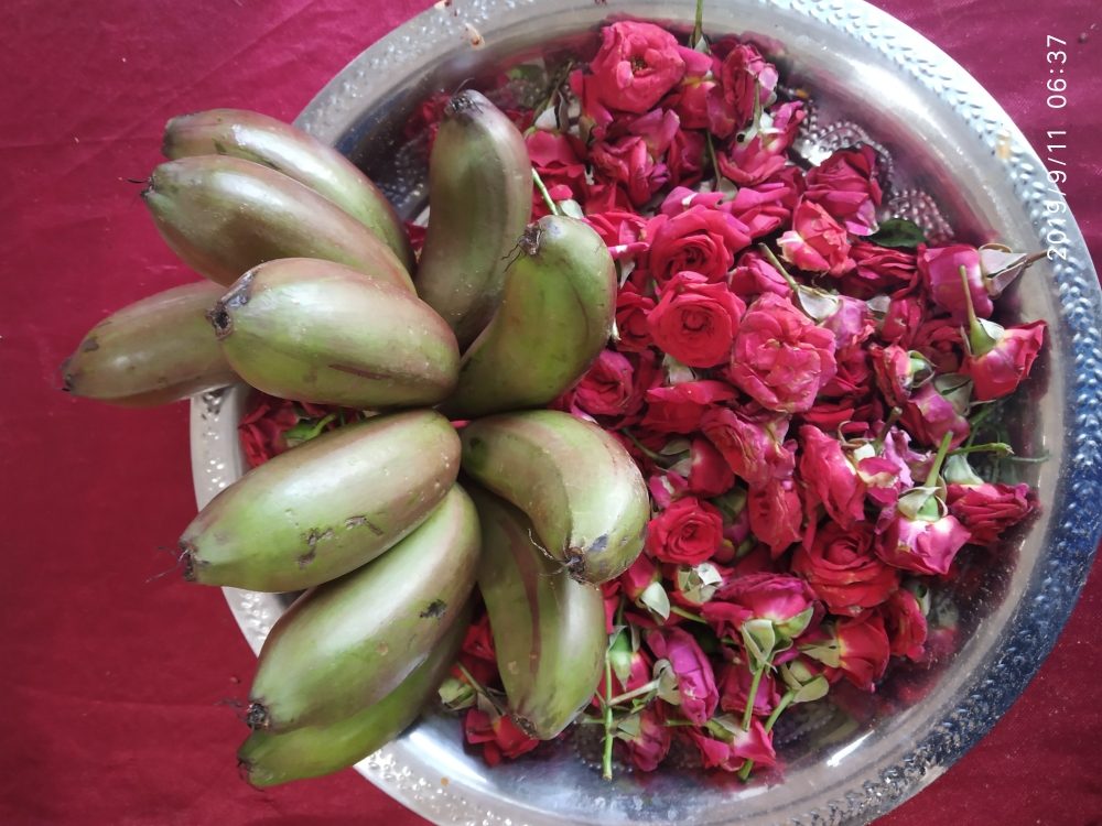 reception red banana with rose , Red Banana, rose, flower, banana
