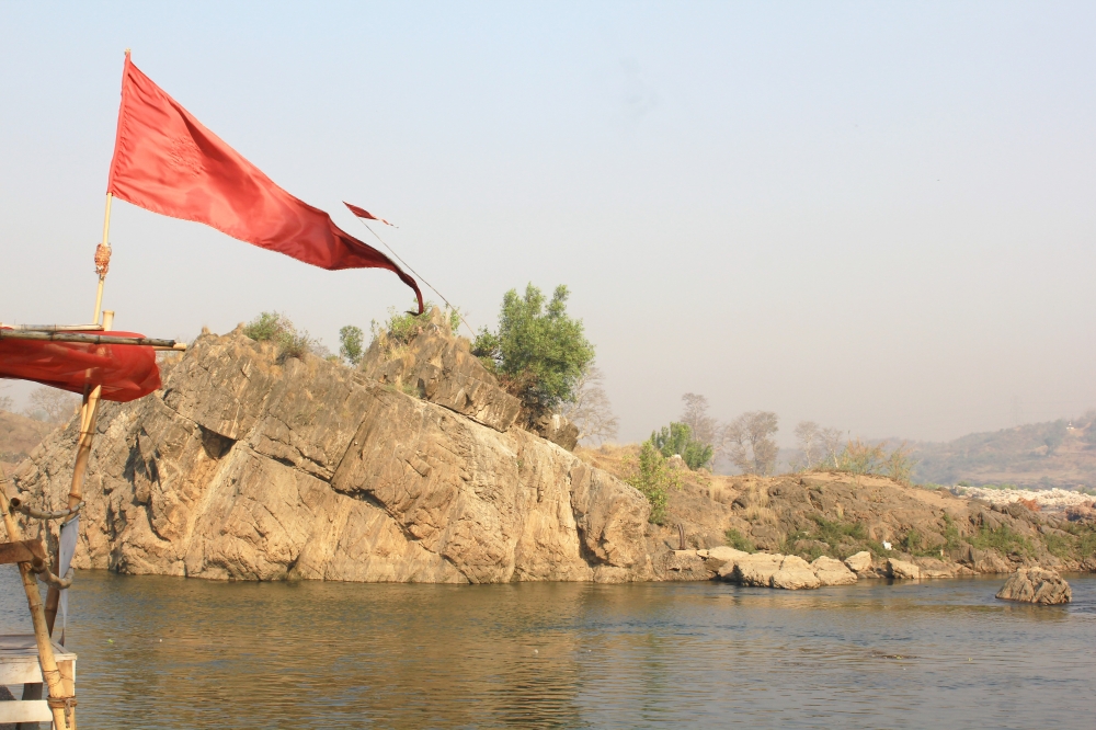 Temple flag on the banks of holy river Narmada in India , Temple, Water, River, Blue, orange, flag, religious, 