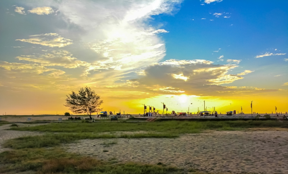 Beach sunset, beach, yellow, blue, Sunset, Sun, Sand, 