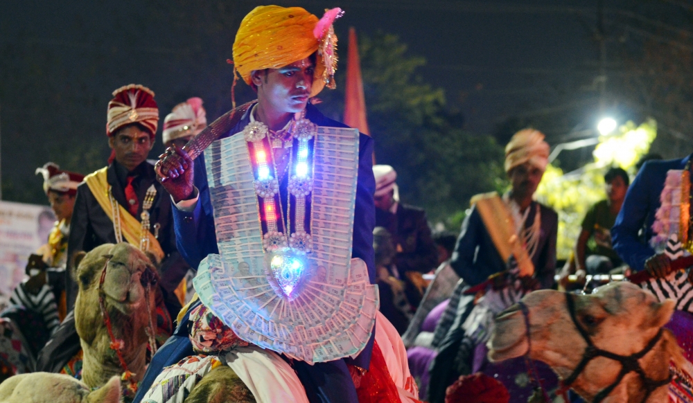 mass marriage ceremony in Bhopal , Grooms riding on camels, mass marriage ceremony, Bhopal, India, Madhya Pradesh, 