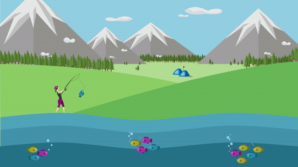 holiday landscape, vector, illustration, holiday, fun , landscape, mountain, ice, snow, natural, nature, river, fishing, national park, wallpaper, background, creative, imaginary, land, fish, water, vacation, girl, tree, green, Green Field, 