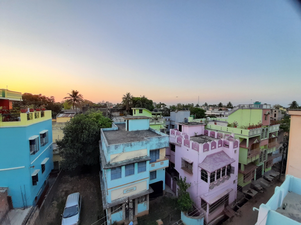 View of a town in Sun set time, building, buildings, roof, roof top, colorful, Sun set, town, view from top, construction, design, 
