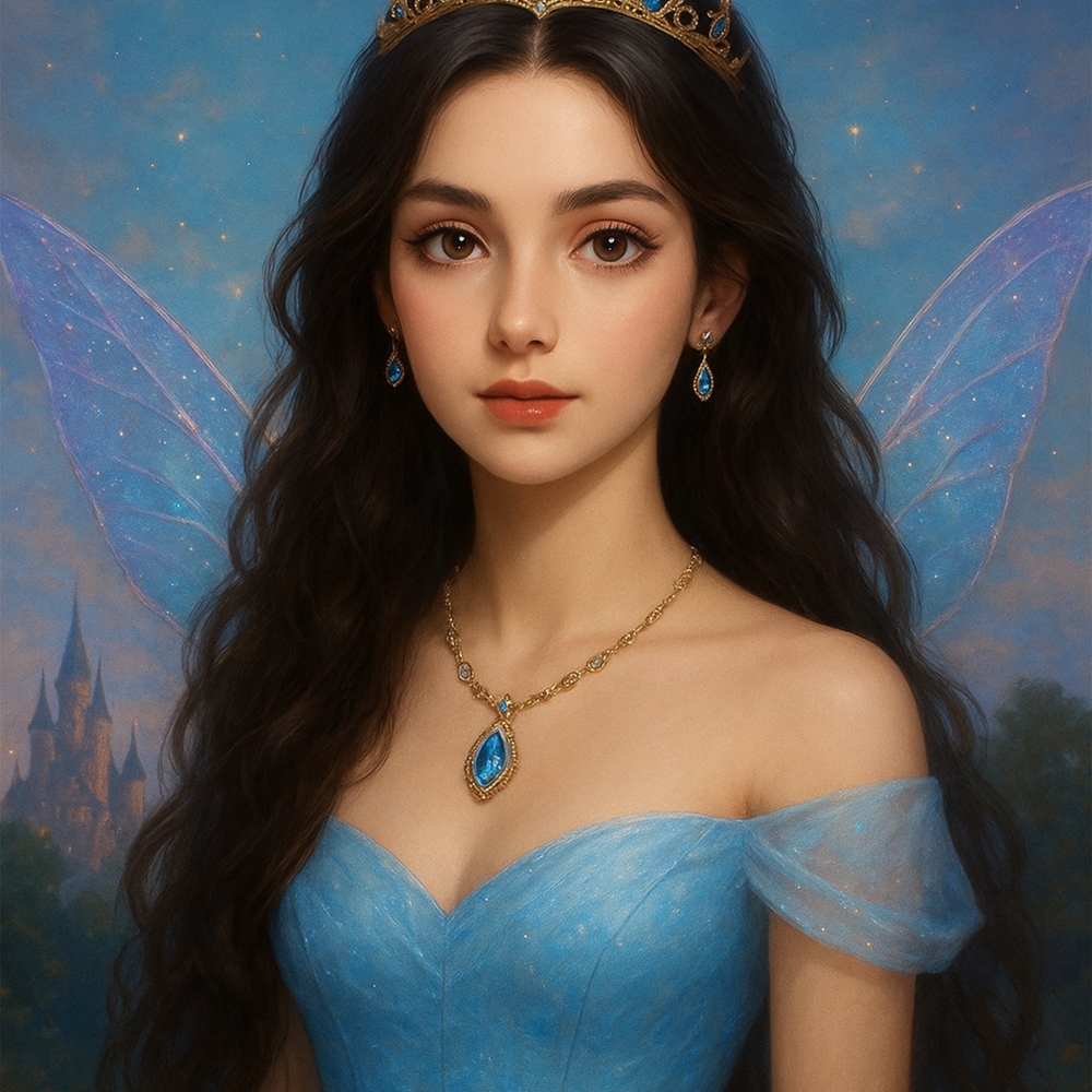 Fantasy Fairy Princess Portrait | Digital Art | AI Generated, fantasy, fairy princess, digital art, AI art, enchanted, royal, castle, wings, mystical, magical, portrait, fantasy girl, princess art, dreamy, blue gown, crown, elegant