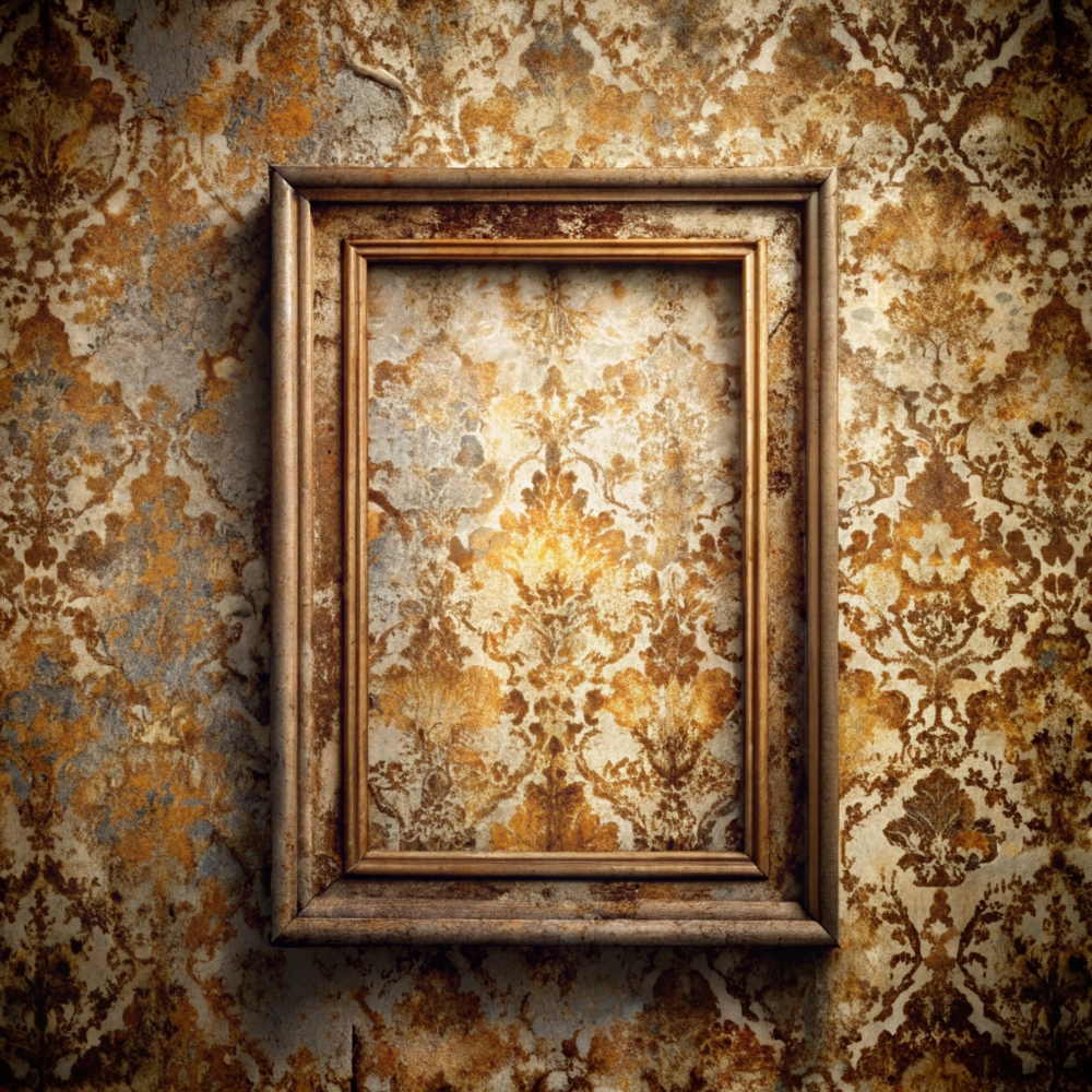Weathered antique wallpaper with spotted stains and rusty frame, retro, grunge, worn, material, texture, rustic, pattern, rough, frame, vintage, background, weathered, old, surface, natural, antique, damaged, abstract, wallpaper, design, paper, note, page, effect, ancient, brown, burnt, edge, empty, decay
